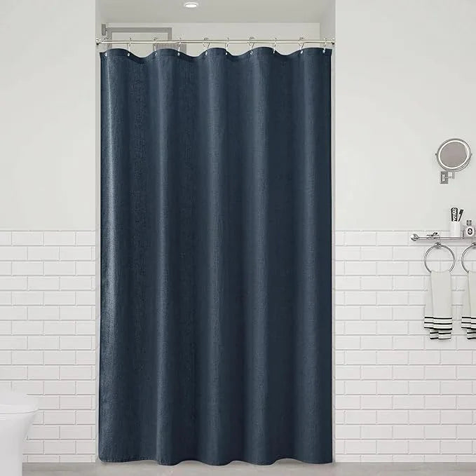 Naturoom Denim Blue 54 Inch Shower Curtain - Stall Narrow Half Linen Ultra Thick Fabric Shower Curtain Set with Hooks, Boho Farmhouse Rustic RV Camper Bath Curtains for Bathroom, 54x78 - ModernBath