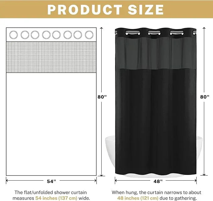 WONICY Small No Hook Shower Curtain with Snap in Liner, Polyester Textured Shower Curtain with Liner Set, Waterproof Washable Hotel Style Shower Curtains for Bathroom, 54Wx80H, Black - ModernBath
