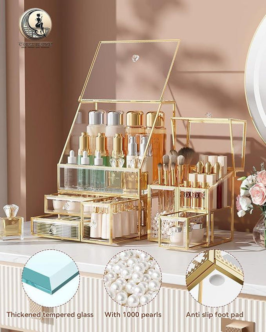 CoralHouse Clear Makeup Organizer with Gold Frame – Countertop Vanity Organizer for Skincare, Lipsticks, Perfume & Brushes – Bathroom Cosmetic Storage Display Box - ModernBath