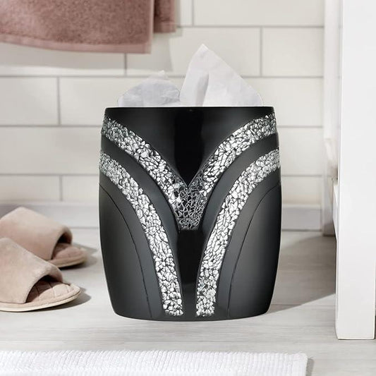 Zahari Home 2pc Sinatra Black Modern Bath Accessories Set Waste Basket & Tissue Box Modern Decorative Beautiful Designs Bathroom Decor Set for Home Luxury Bath Set Mosaic Glass - ModernBath