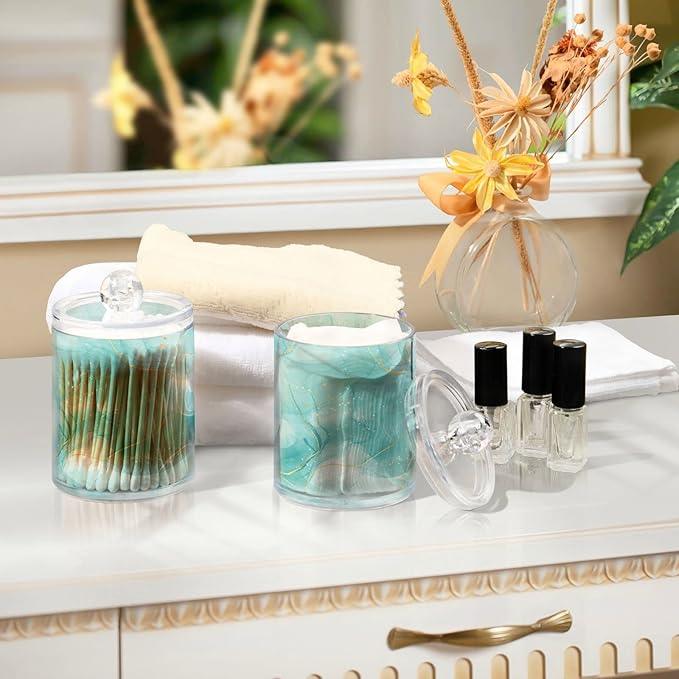BOENLE 2 Pack Qtip Holder Dispenser Turquoise Marble Bathroom Storage Canister Lid Acrylic Plastic Apothecary Jar Set Vanity Makeup Organizer for Cotton Swabs/Pads/Floss - ModernBath