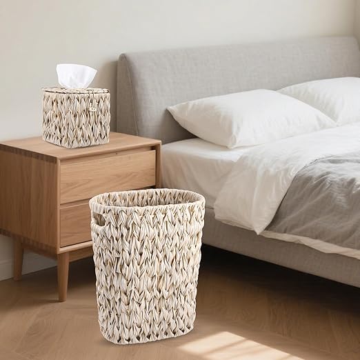 BSSN Wicker Trash Can & Square Tissue Box, Handwoven Waterproof Waste Basket with Handles, Wicker Home Set for Bedroom, Bathroom, Kitchen, Office, Balcony (Cream White)