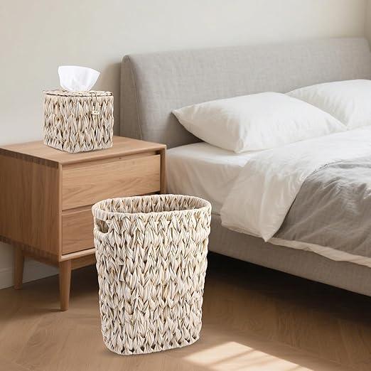 BSSN Wicker Trash Can & Square Tissue Box, Handwoven Waterproof Waste Basket with Handles, Wicker Home Set for Bedroom, Bathroom, Kitchen, Office, Balcony (Cream White) - ModernBath