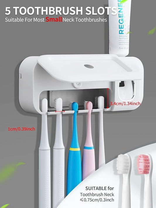 Toothbrush Holder Wall Mounted Timerable Toothbrush Holders with Automatic Toothpaste Dispenser 1200mAh Toothbrush Holders for Bathrooms, Solar Charging, 5 Toothbrush Slots