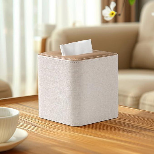 Cretkhp Square Linen Tissue Box Cover with Magnetic Closure, Modern PU Leather Tissue Box Holder for Bathroom Vanity Countertop Night Stands Bedroom Office Desk, Stylish Cube Tissue Holder (Linen) - ModernBath
