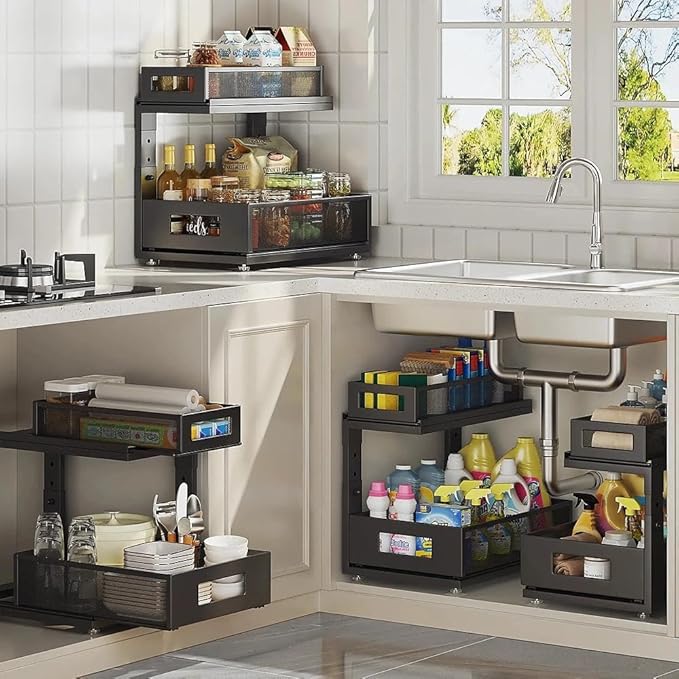 1 Pack 10.8"-14.9" H Under Sink Organizers and Storage Height Adjustable,2-Tier Pull Out Under Cabinet Shelf Organizer,Multi-Use Slide Out Drawer for Bathroom Kitchen Laundry-Black