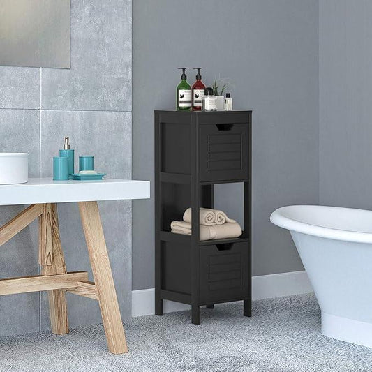 Tangkula Bathroom Floor Cabinet, Narrow Wood Storage Tower w/2 Switchable Drawers, Multifunctional Side Storage for Bathroom, Freestanding Small Cabinet for Small Spaces, 12 x 12 35 Inch (Black) - ModernBath