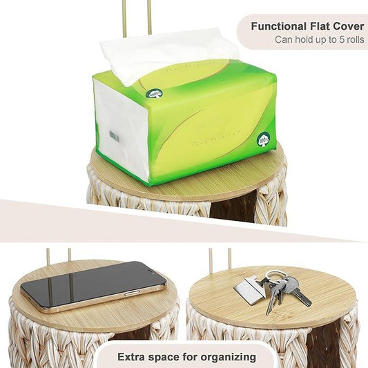 Stand Toilet Paper Storage with Lid Spare Extra 3 Rolls of Tissue Holder Free Standing Beige Wciker Toilet Paper Organizer Basket for Bathroom (Beige Color) - ModernBath