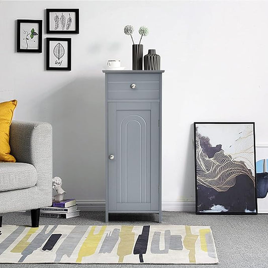 HAPPYGRILL Bathroom Floor Cabinet, Single Door Floor Storage Cabinet Organizer with Drawer and 3-Level Adjustable Shelves, Bathroom Cabinets Freestanding with Anti-Tipping Device for Living Room