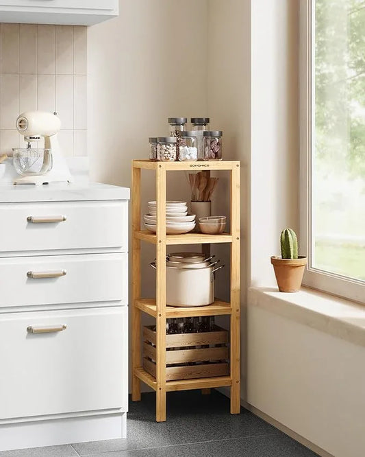 SONGMICS Bamboo Storage Shelf, 4-Tier Shelving Unit, Multifunctional, in the Entryway, Bathroom, Living Room, Balcony, Kitchen, 13 x 13 x 38.6 Inches, Light Bamboo UBCB54Y - ModernBath