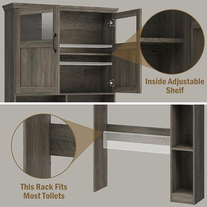 Vabches Over-The-Toilet Storage Cabinet with Double Doors, Toilet Paper Holder Stand & Adjustable Shelf, Freestanding Space Saver, Grey - ModernBath