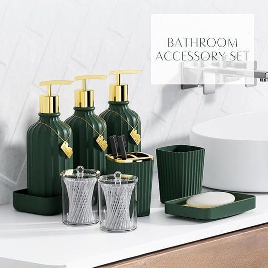 WSBArt 32PCS Bathroom Accessory Set Green Bathroom Accessories Bathroom Set, Shower Curtain Set, 2 Piece Bath Towel Set, 3PC Soap Dispenser, Toilet Brush & Trash Can