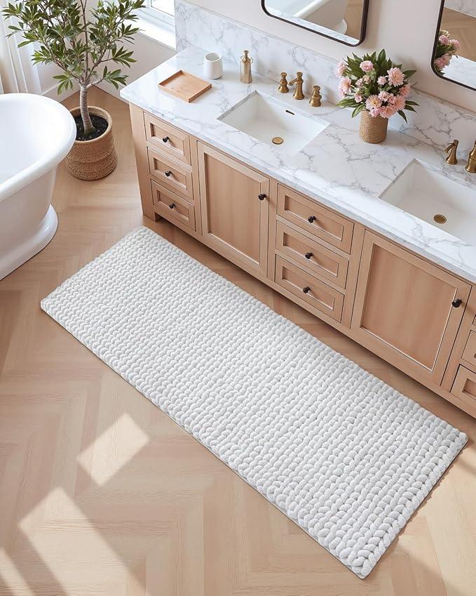 DEXI Bathroom Runner Rugs 24x60, Non Slip Washable Long Bath Mat, Luxury Chenille Super Absorbent Ultra Thick Bathmats for Shower Floor, Plush Fluffy Shaggy Carpet for Tub, White - ModernBath