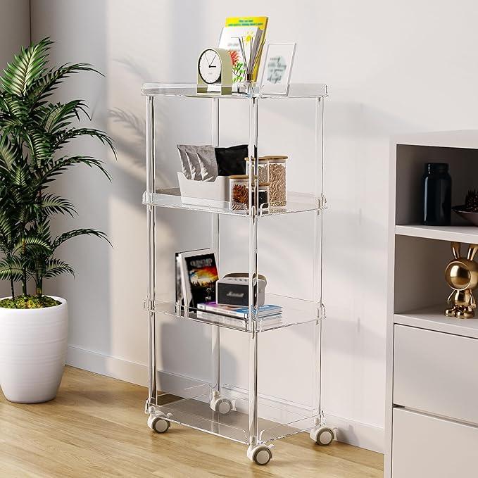 AQUIVER Acrylic Slim Storage Cart - 4 Tiers Narrow Rolling Cart - Utility Cart for Kitchen, Bathroom, Living Room, Laundry - 15.6 '' L x 10.2 '' W x 33.9 '' H - ModernBath