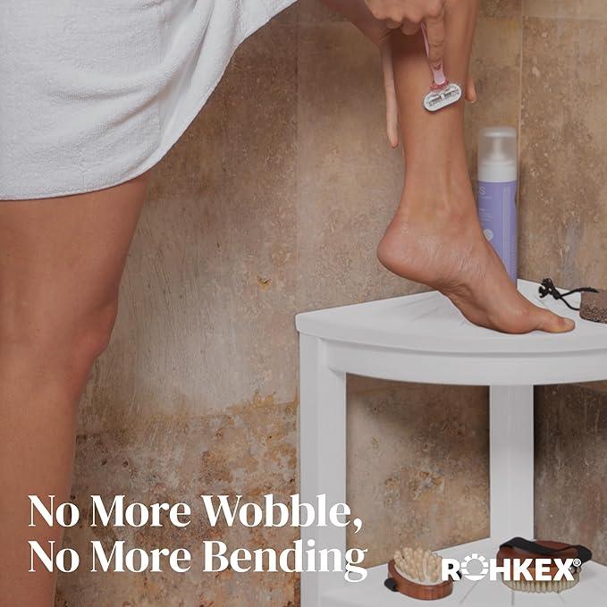 ROHKEX Waterproof Corner Shower Stool - Shower Bench (White HDPE, Corner Stool) - Waterproof Slatted Surface for Efficient Drainage - for Indoor and Outdoor Use, Decor Gift for Home and Mom - ModernBath