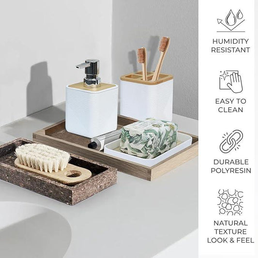 CERBIOR Bathroom Accessories Set 6 Piece Bamboo Bath Ensemble Includes Soap Dispenser, Toothbrush Holder, Toothbrush Cup, Soap Dish for Decorative Countertop and Housewarming Gift (White) - ModernBath