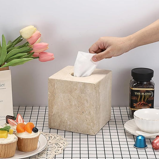Sumnacon Square Tissue Box Cover Natural Travertine Tissue Cover with Pads, Heavy Duty Stone Tissue Box Holder,Gorgeous Tissue Holder for Toilet Bathroom Kitchen Bedroom Living Room Table,Light Beige