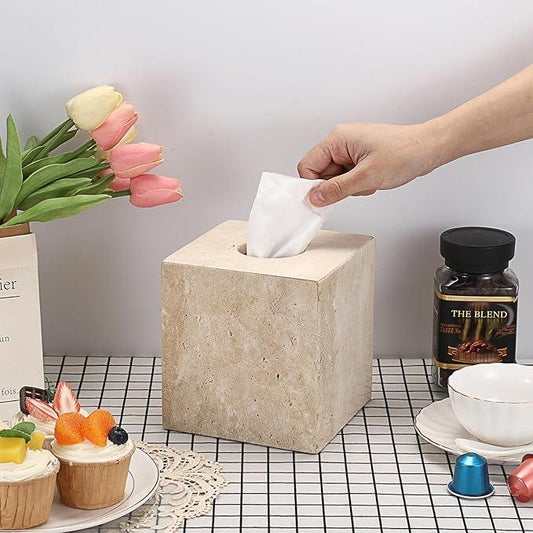 Sumnacon Square Tissue Box Cover Natural Travertine Tissue Cover with Pads, Heavy Duty Stone Tissue Box Holder,Gorgeous Tissue Holder for Toilet Bathroom Kitchen Bedroom Living Room Table,Light Beige - ModernBath