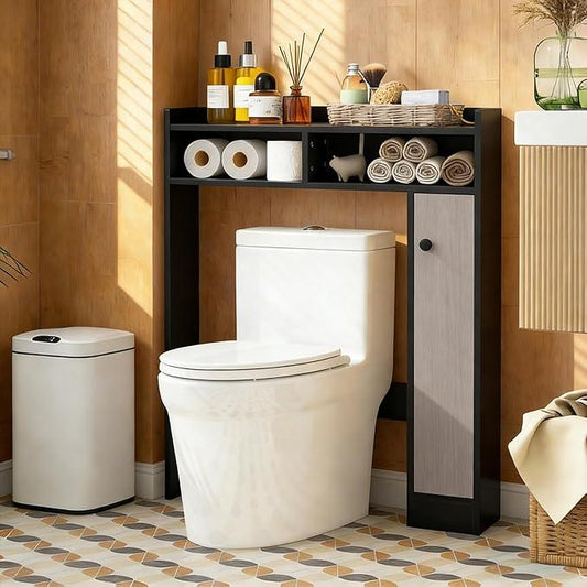 Giantex Over The Toilet Storage Cabinet, Freestanding Bathroom Organizer w/Single Door Cabinet & Open Shelves, Space-Saving Toilet Rack w/Adjustable Shelves for Laundry Room (Black+Oak) - ModernBath