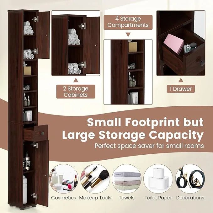 Tangkula Tall Slim Bathroom Storage Cabinet, 71" Freestanding Bathroom Cabinet w/ 2 Doors, 1 Drawer & 5 Adjustable Shelves, Floor Narrow Tower Cabinet for Small Spaces, 8" x 8" x 71" (Brown) - ModernBath