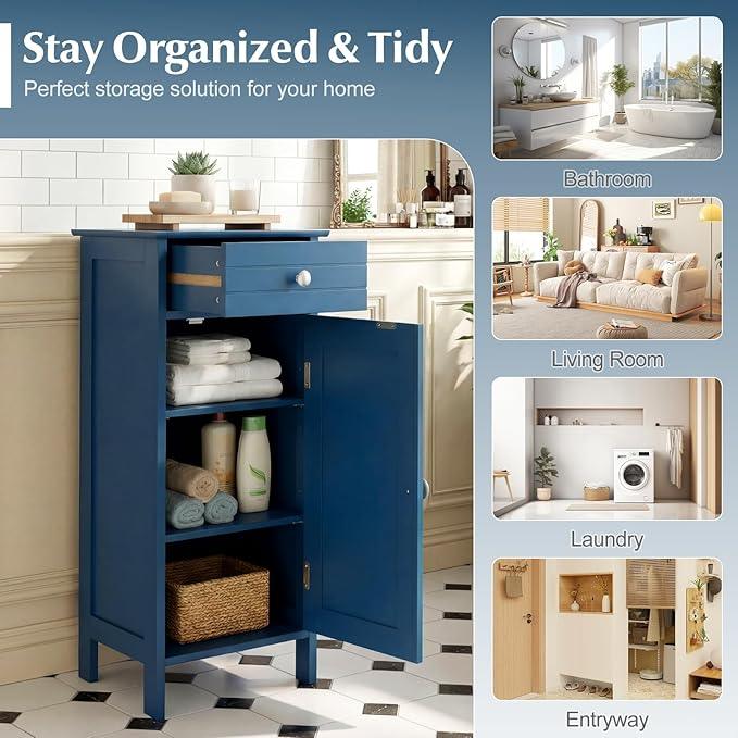 Tangkula Bathroom Floor Cabinet, Wooden Side Storage Organizer Unit, Free-Standing Single Door Floor Storage Cabinet with Large Drawer & 2 Adjustable Shelves for Living Room (Blue) - ModernBath