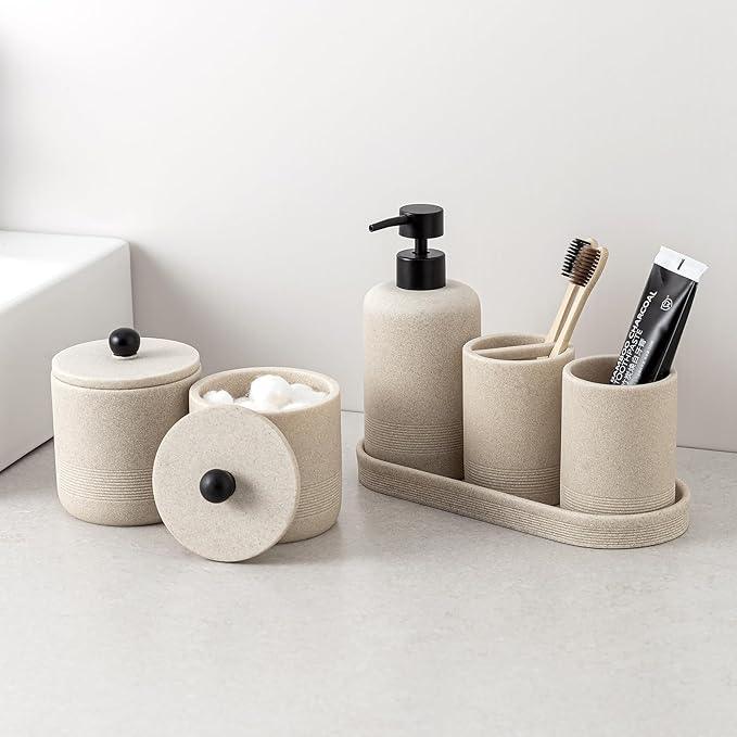 Haocoott Bathroom Accessories Set, 6 PCS Modern Bathroom Accessory Set with 15.2 OZ Soap Dispenser, Toothbrush Holder, Vanity Tray, Tumbler, 2 PCS Qtip Holders (Beige) - ModernBath