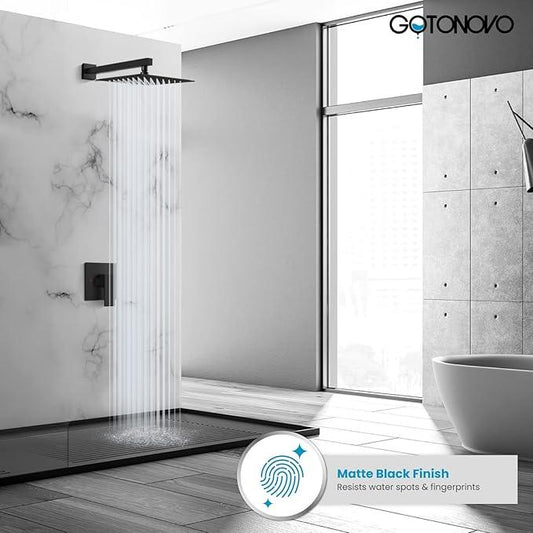 gotonovo Rainfall Shower Faucet Set System Shower Trim Kit with 10 Inch Rain Shower Head Bathroom Mixer Shower Complete Combo Single Handle Wall Mounted Female Thread Rough-in Valve Matte Black - ModernBath