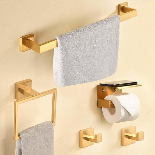 Bathroom Towel Bar Set 5 Pieces Brushed Gold Modern Bathroom Hardware Accessories Set Wall Mounted Include 16-InchTowel Bar,Towel Rack,Toilet Paper Holder with Shelf,Towel Robe Hook - ModernBath