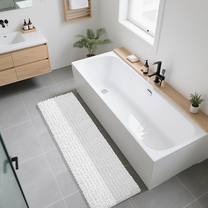 Yimobra Bathroom Runner Rug 70x24 Inch - Extra Long Non Slip Chenille Bath Mat, Soft & Absorbent, Machine Washable Shaggy Hallway Carpet for Vanity Tub Shower, White Home Decor Accessories - ModernBath