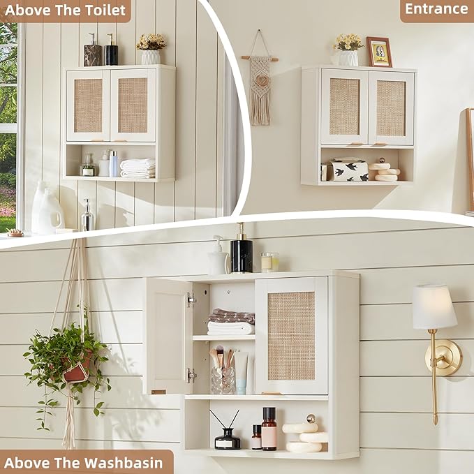 LEYAOYAO Rattan Bathroom Wall Cabinet, Boho Medicine Cabinet with Adjustable Shelve & Doors, Over The Toilet Storage Cabinets Organizer for Laundry Room, Kitchen, Living Room, White
