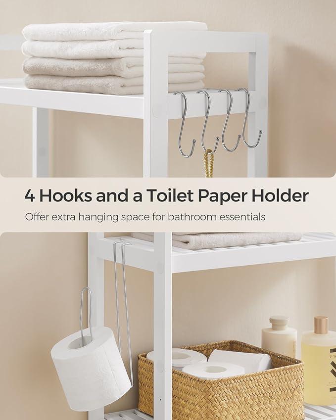 SONGMICS Over The Toilet Storage, 3-Tier Over Toilet Bathroom Organizer with Adjustable Shelf, 10.2 x 24.8 x 66.9 Inches, Space-Saving, Cloud White UBTS01WT - ModernBath