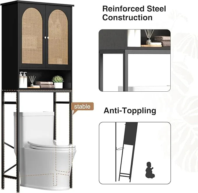 Rattan Toilet Storage Cabinet, Over The Rack Wood Cabinet with Metal Stand, Bathroom Organizer with Adjustable Shelf, Tall Freestanding Washer Shelf, Small Cupboard, Black - ModernBath