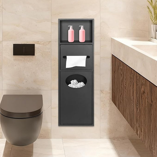 Stainless Steel Shower Niche with Trash Can, 7.9 x 5.3 x 24.8In Bathroom Cabinet with Toilet Paper Holder, Built-in Trash Can Alcove for Kitchens, Living Rooms, Bathrooms (Black)
