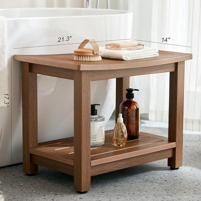 HDPS Shower Bench Seat, Poly Lumber Bathroom Stool for Inside Shower Waterproof, Foot Rest Stool for Shaving Legs with Adjustable Feet, Plastic Spa Bath Chair Seat for Bathroom, Non-Slip, Brown - ModernBath