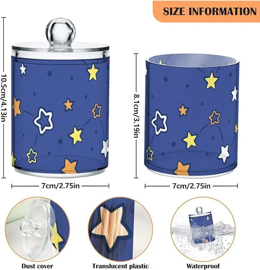 Tatenale Qtip Holder Bathroom Set Q tip Cotton Ball Swab Pad Dispenser Container Organizer Plastic Jars with Lids Storage 2Pack Stars Navy Blue - ModernBath