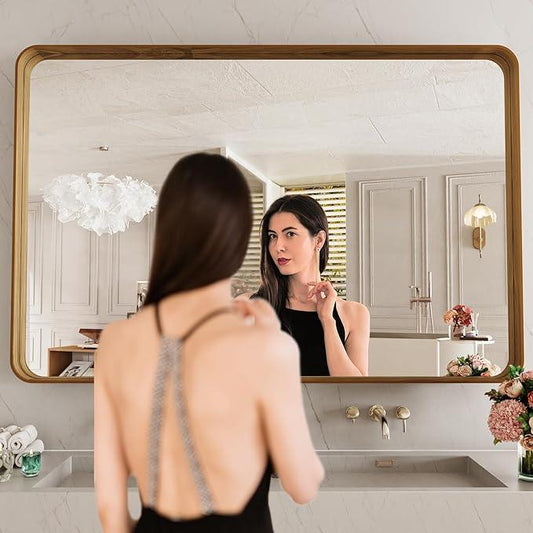LOAAO 48X32 Inch Bathroom Mirror with Wood Grain Colored Metal Frame, Rounded Rectangle Metal Framed Bathroom Mirror, Anti-Rust, Hangs Horizontally or Vertically, Tempered Glass - ModernBath