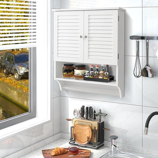 Giantex Wall Mounted Medicine Cabinet with 2 Louvered Doors, 3-Position Adjustable Shelf, Towel Bar, Above Toilet Space Saver (White) - ModernBath