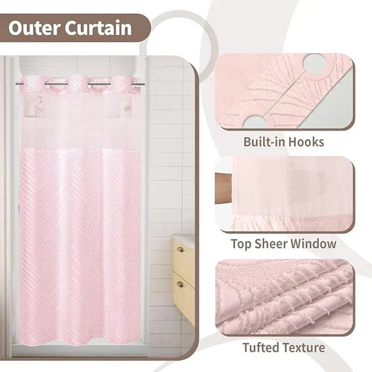 eachope stall no Hook Tufted Shower Curtain with snap in Liner Set, White Waterproof Fabric Inner Liner,Boho Style Shower Curtain with See Through top Window, Pink, 36Wx74H - ModernBath