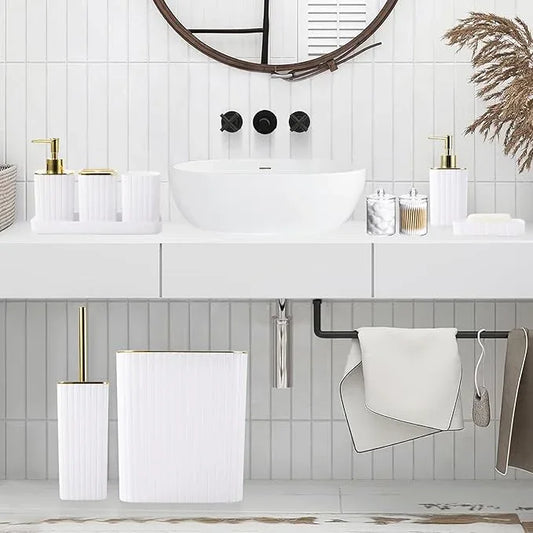 XLHOMO Bathroom Accessories Set - Gorgeous Bathroom Set, 10PC White Bathroom Accessory Set, Toilet Brush, Trash Can, Qtip Holder Dispenser & Soap Dispenser - ModernBath