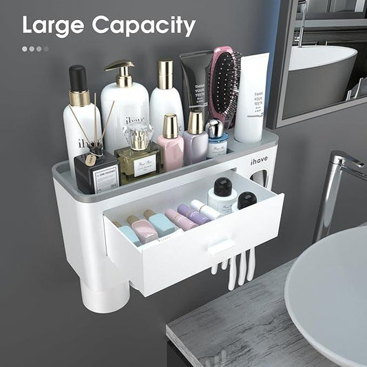 iHave Toothbrush Holders for Bathrooms, 3 Cups Toothbrush Holder Wall Mounted with Toothpaste Dispenser - Large Capacity Tray, Cosmetic Drawer - Bathroom Accessories & Bathroom Organization Storage - ModernBath