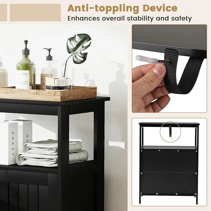 GOFLAME Bathroom Cabinet, Floor Storage Organizer with 2 Doors, 2 Open Shelves, 3-Level Adjustable Shelf, Modern Storage Unit for Laundry Room, Entryway, Living Room, Black - ModernBath