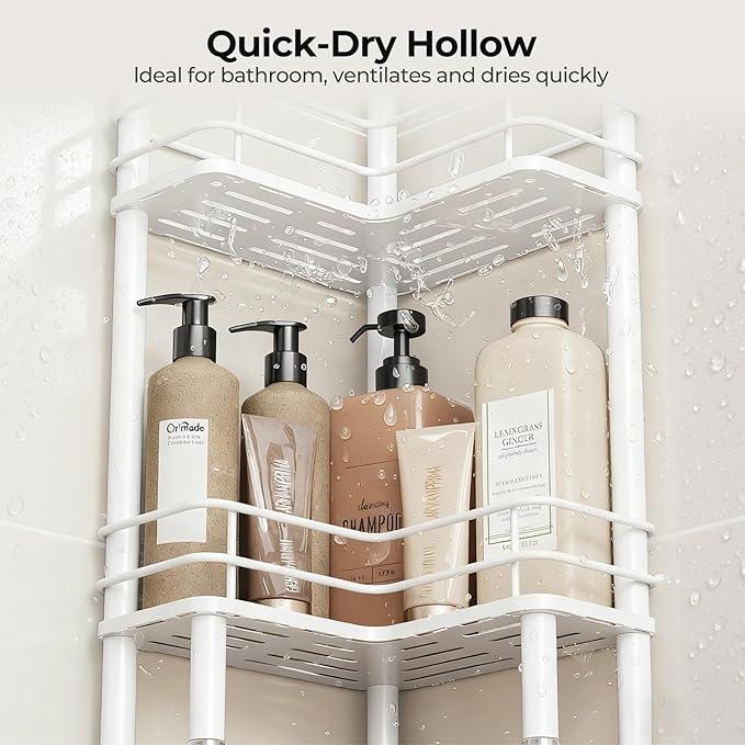 Orimade Rustproof 3 Tier Floor Standing Corner Shower Caddy Organizer with Toothbrush Holder, Large Spacing Floor Shower Shelf Rack Storage Stands with Hooks for Bathroom Kitchen, White - ModernBath