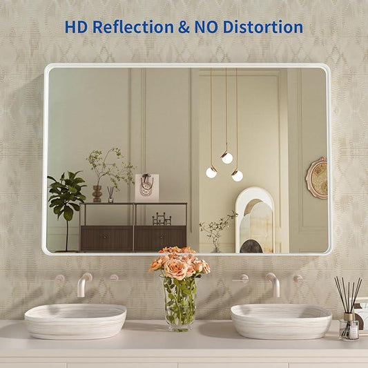 WEER White Bathroom Mirror 48X36 Inch, Rounded Rectangle White Metal Frame Mirror, Matte White Bathroom Vanity Mirror with Tempered Glass, Anti-Rust, Hangs Horizontally or Vertically - ModernBath