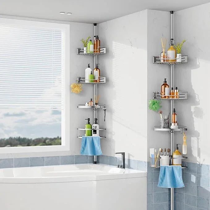 HAMITOR Corner Shower Caddy Tension Pole: Quick Installation 4-Tier Rustproof Bathroom Organizer Shelves for Bathtub Shampoo Storage - 47-121 inch Adjustable Floor Standing Bath Rack Holder - Silver - ModernBath