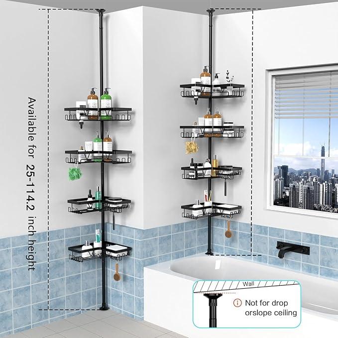 KEGII Corner Shower Caddy Tension Pole, Bathroom Shower Organizer with Toothbrush Holder, No Drilling Bathtub Shelf for Inside Shower, Rustproof Bathroom Tub Organizer, Adjustable 25-114.2 Inch - ModernBath