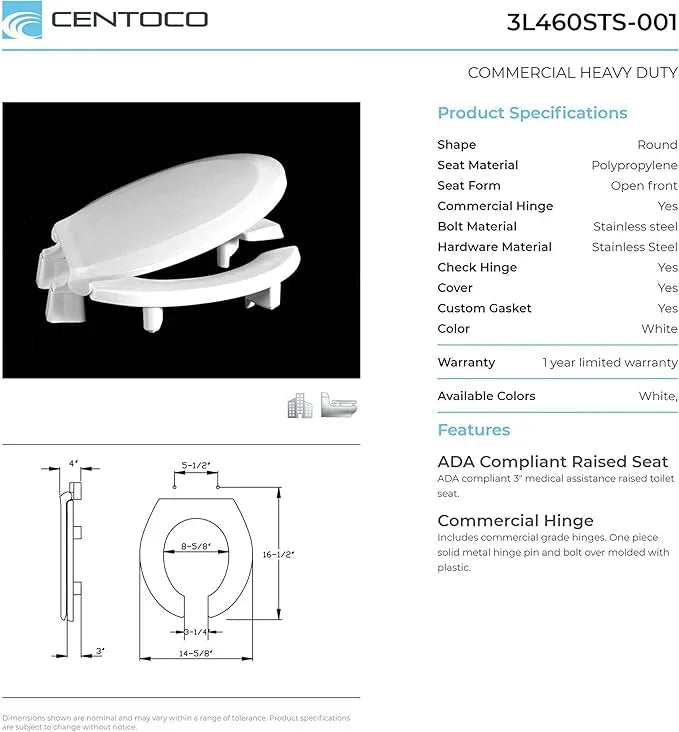 Centoco 3 inch Raised Toilet Seat for Seniors, Round, Open Front with Cover, Commercial, Plastic, Made in the USA, 3L460STS-001, White - ModernBath