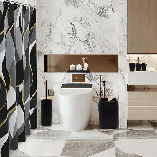 XLHOMO Black Bathroom Set, Bathroom Sets with Stripe Shower Curtain, Black and Gold Bathroom Accessories with Trash Can, Soap Dispenser, Soap Dish, Toilet Brush Holder, Qtip Holders for Bathroom