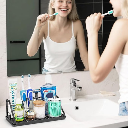 Bathroom Countertop Organizer - Detachable 7 Slots Kids Electric Black Toothbrush and Toothpaste Holder Drainage Tray for Bathroom Accessories Organization Counter Vanity Sink Storage