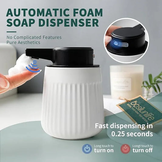 BosilunLife Ceramic Automatic Soap Dispenser with Extended Pump Nozzle, 3 Adjustable Levels, Touchless Foam Hand Wash Foaming Dispenser for Bathroom & Kitchen, Striped Design, White, 10oz - ModernBath