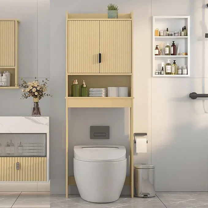 Over The Toilet Storage Cabinet,Behind Toilet Bathroom Organizer with Anti-tip,Space-Saving Toilet Shelf with Storage,Stylish Wave Pattern & Hidden Handle,Bathroom Shelf for Restroom/Laundry - ModernBath